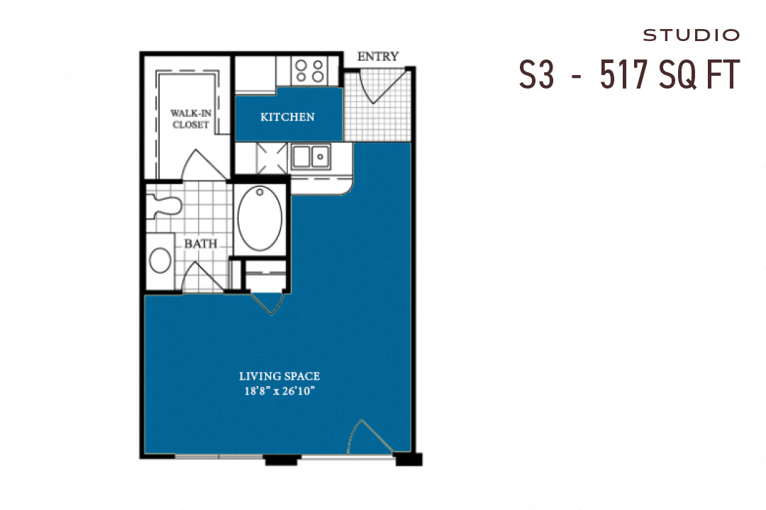 Floor plan for studio, 1 bath, 517 sqft